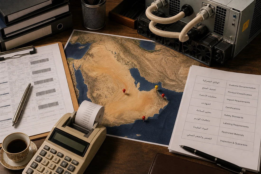 Shenzhen mining planning workspace with printed Middle East map showing UAE, Oman and Saudi Arabia coastal pins.