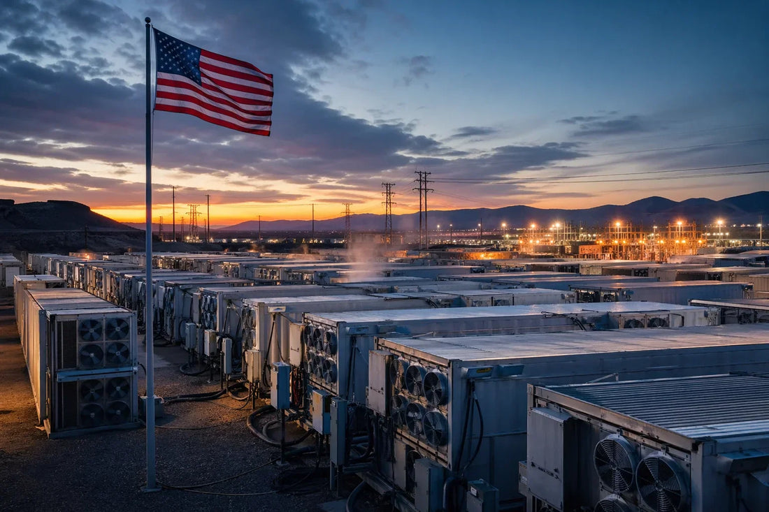 Bitcoin mining facility at dawn with American flag — weekly mining news roundup April 2026