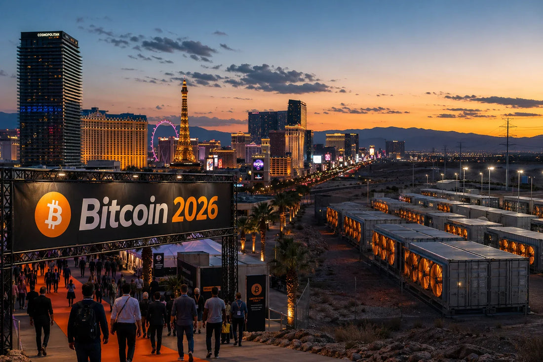 Bitcoin 2026 Las Vegas conference banner with Bitcoin mining facility — weekly mining news roundup May 2026