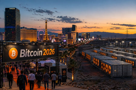 Bitcoin 2026 Las Vegas conference banner with Bitcoin mining facility — weekly mining news roundup May 2026