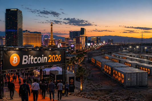 Bitcoin 2026 Las Vegas conference banner with Bitcoin mining facility — weekly mining news roundup May 2026