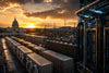 Bitcoin mining facility at golden hour with US Capitol dome and AI server racks composited — weekly mining news roundup May 8 2026