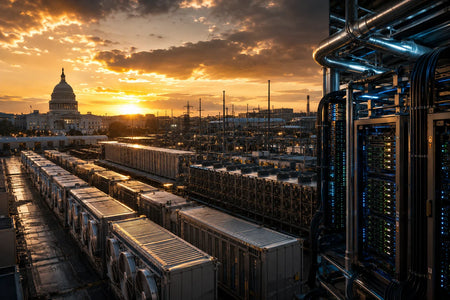Bitcoin mining facility at golden hour with US Capitol dome and AI server racks composited — weekly mining news roundup May 8 2026