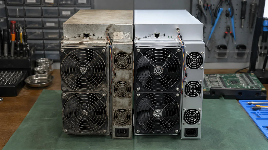 Comparison of a worn refurbished ASIC miner and a freshly repaired unit on a workshop bench
