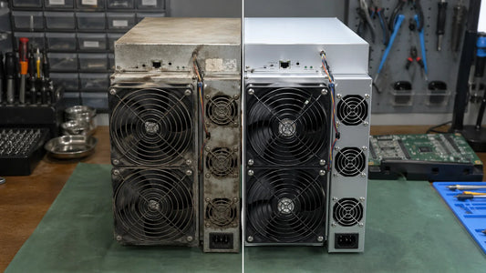 Comparison of a worn refurbished ASIC miner and a freshly repaired unit on a workshop bench