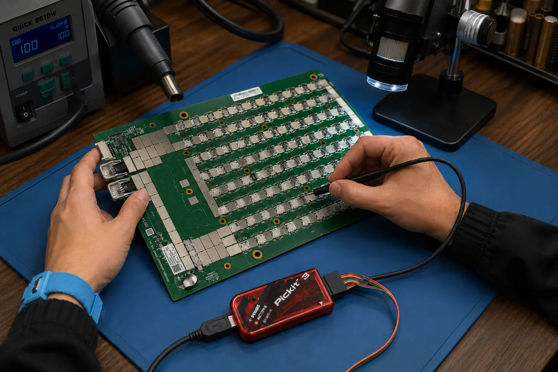 Antminer S19 Hydro HHB28601 hashboard with BM1398BB chips and water-cooling plate on repair workbench — repair guide