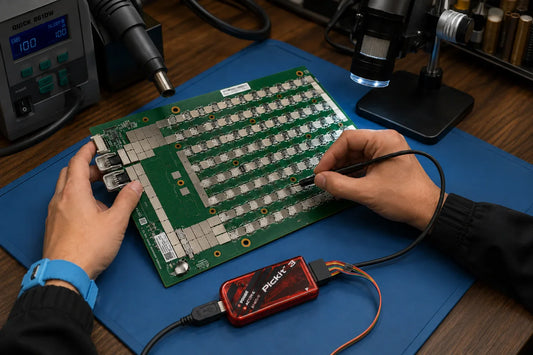 Antminer S19 Hydro HHB28601 hashboard with BM1398BB chips and water-cooling plate on repair workbench — repair guide