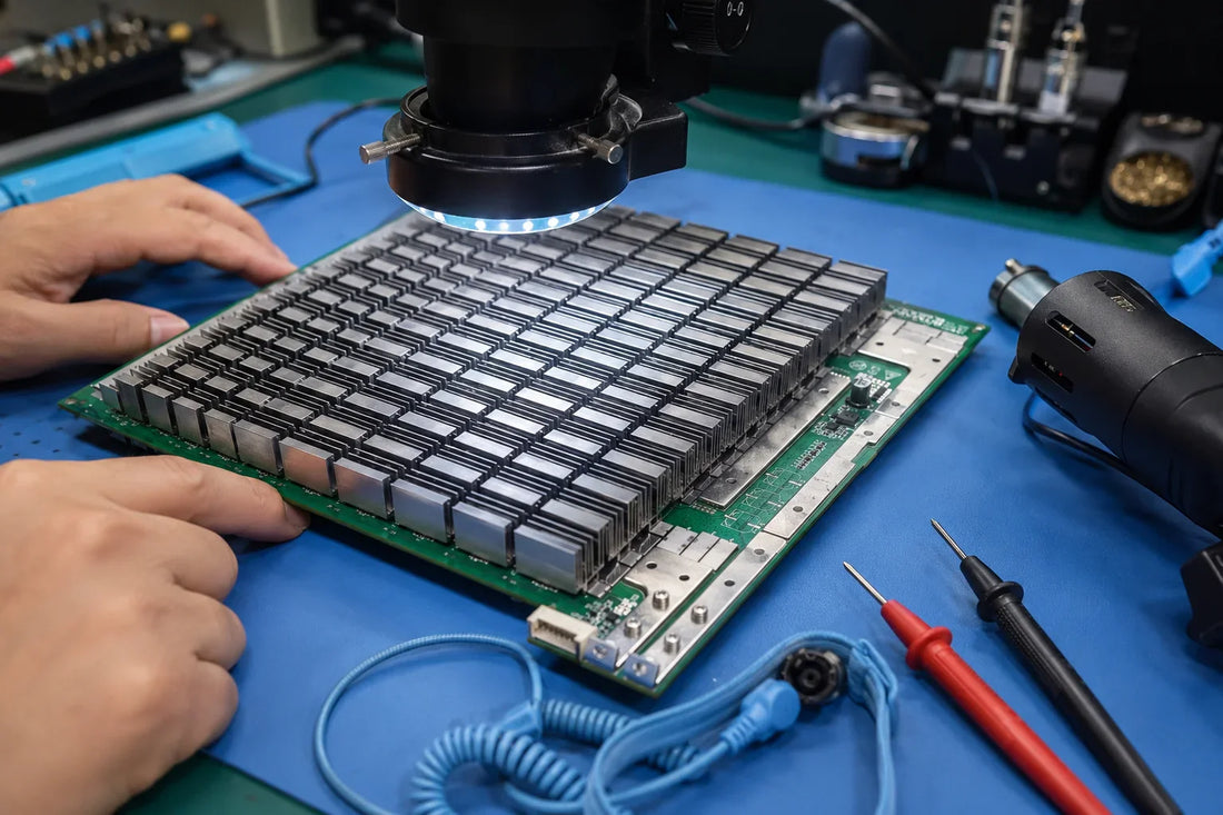 Antminer S19j Pro+ BHB42611 hashboard with BM1362BD ASIC chips on repair workbench — repair guide