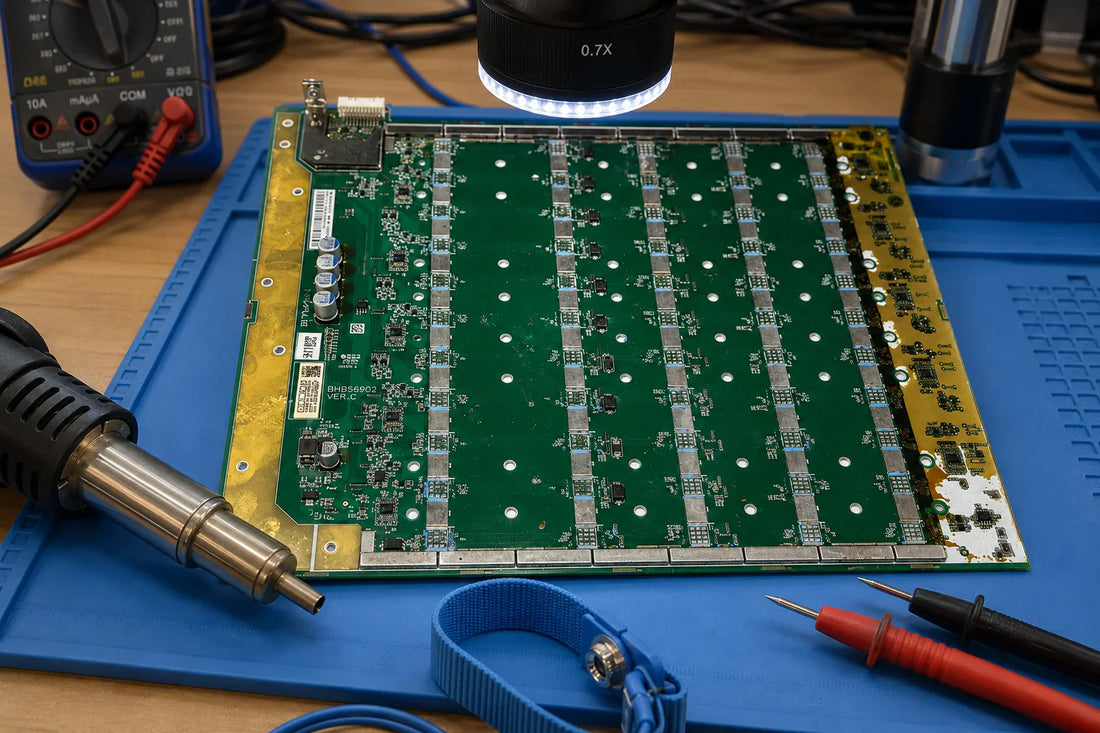 Antminer S19k Pro BHB56902 hashboard on repair workbench with BM1366 ASIC chips and rework tools — repair guide