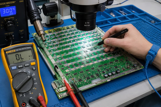 Antminer S19 XP BHB56801 hashboard with BM1366AG ASIC chips and rework tools on repair workbench — repair guide