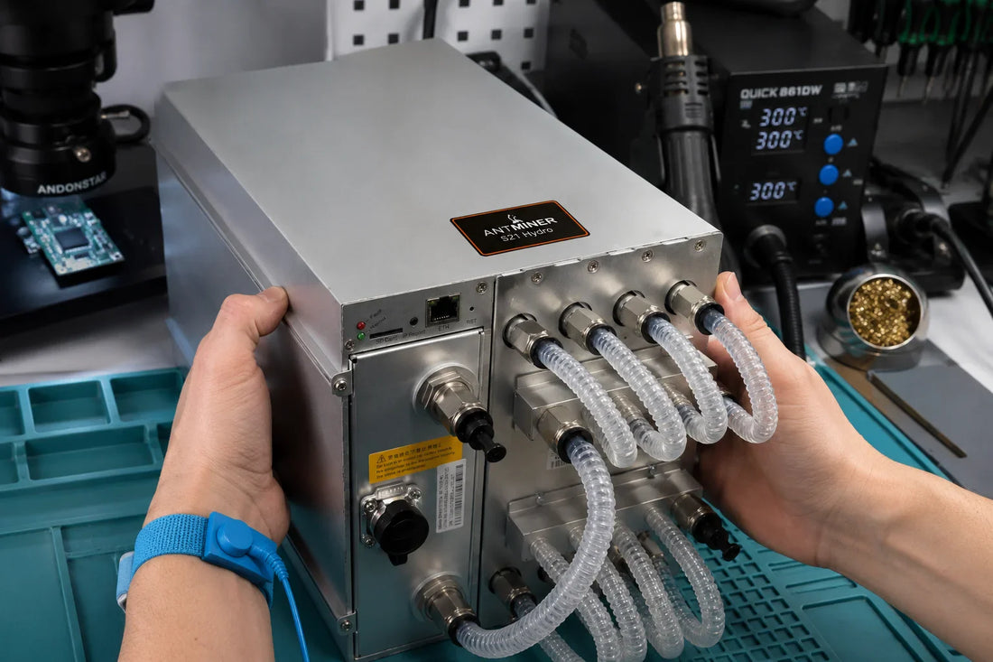 Antminer S21 Hydro HHB68xxx hashboard with 216 BM1368 chips and water-cooling plate on repair workbench — repair guide