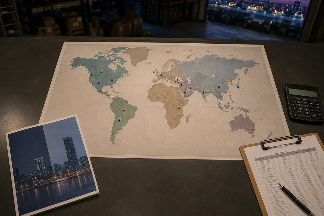 Editorial photograph of a Shenzhen operations workspace with a printed world map showing eight stranded-energy categories where Bitcoin mining is deployed in 2026.