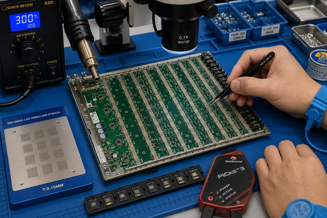Antminer S21 BHB68XXX hashboard with BM1368 LGA ASIC chips on repair workbench — repair guide