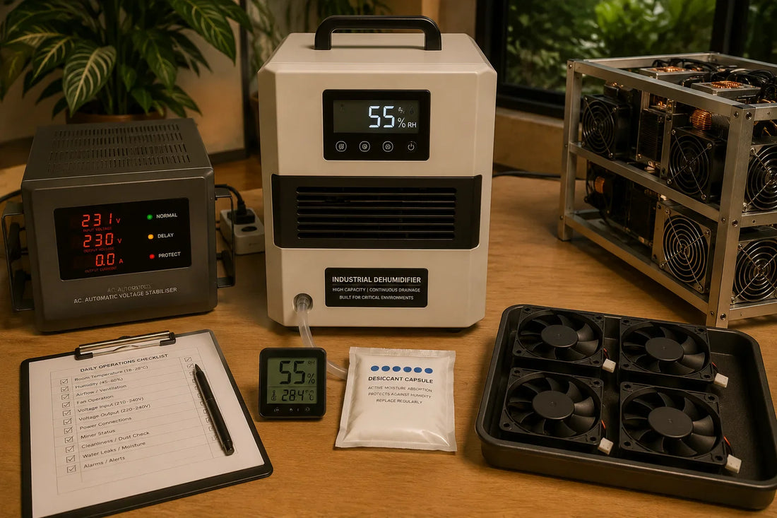 Top-down editorial photograph of a tropical mining operations workspace with industrial-grade dehumidifier showing 55% humidity reading.