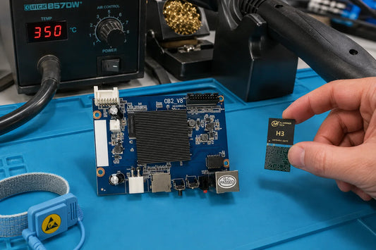 Whatsminer CB2 V8 H3 control board with Allwinner H3 CPU and DDR3 chips on repair workbench — repair guide
