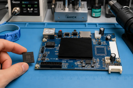 Whatsminer CB4 V10 H6 control board with Allwinner H6 CPU and DDR3 / NAND chips on repair workbench — repair guide
