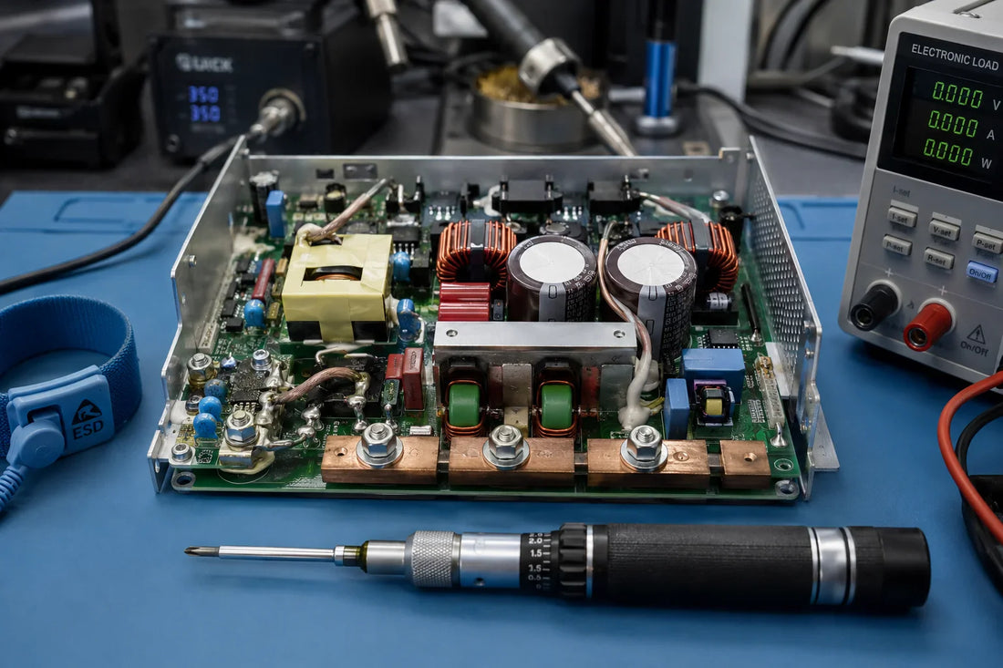 Whatsminer P21 PSU with copper busbars and M6 bolts on repair workbench with torque screwdriver — repair guide