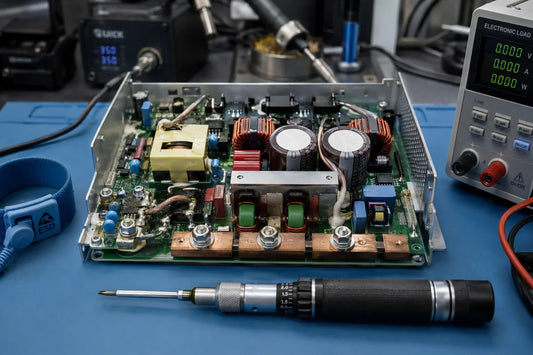 Whatsminer P21 PSU with copper busbars and M6 bolts on repair workbench with torque screwdriver — repair guide