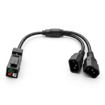 Close-up of P13 plug and two C14 output connectors on the heavy-duty Antminer splitter power cord