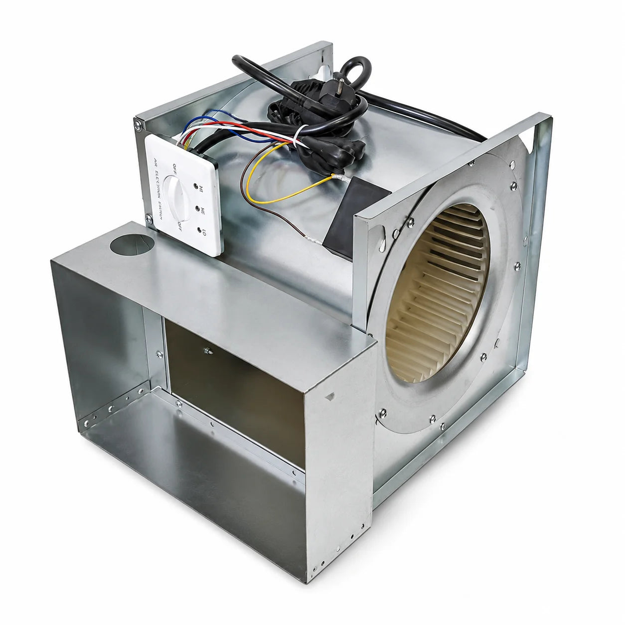 Silver Industrial silencer blower with pure copper AC motor for Antminer, 200W or 300W variant.
