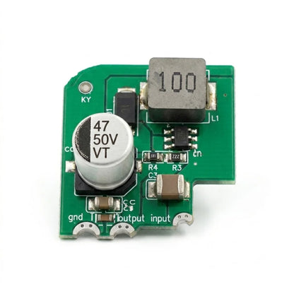 Close-up of Antminer S19 XP 18V DC boost module showing compact footprint matching the original circuit