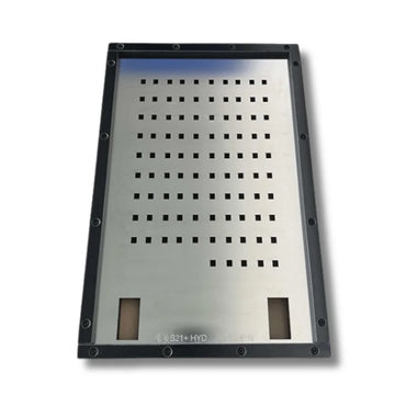 High-strength black positioning frame on the S21+ Hydro stencil, locks the steel mesh in place and prevents shifting during squeegee pull.