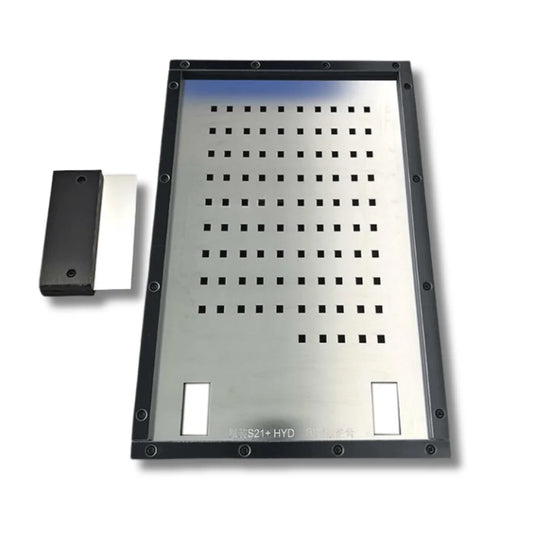 Antminer S21+ Hydro thermal grease stencil in stainless steel mounted on its black positioning frame, front view of complete tool.