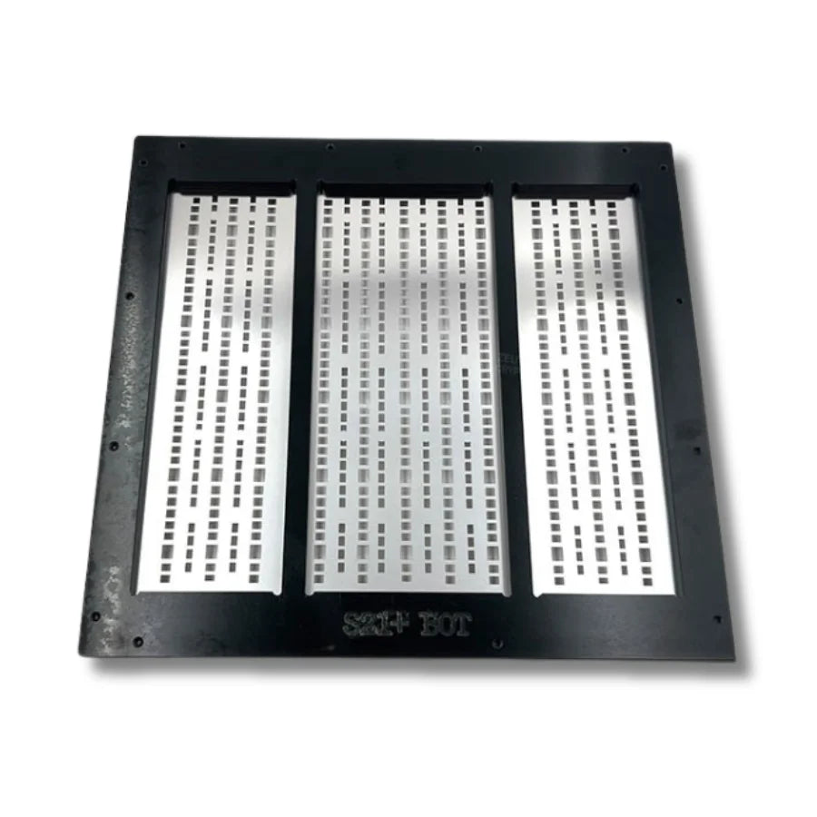 BOT thermal grease stencil layer for the Antminer S21+ hashboard, laser-cut steel mesh matched to the bottom ASIC chip array.
