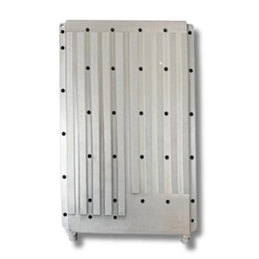 Antminer S21e Hydro water cooling plate front view in CNC-milled unibody aluminium alloy with sandblasted anodised finish.