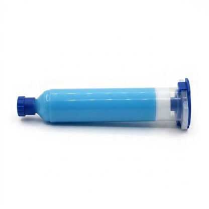 G19 YS383 blue thermal gel syringe dispensing tip applying precise bead on ASIC miner cooling surface