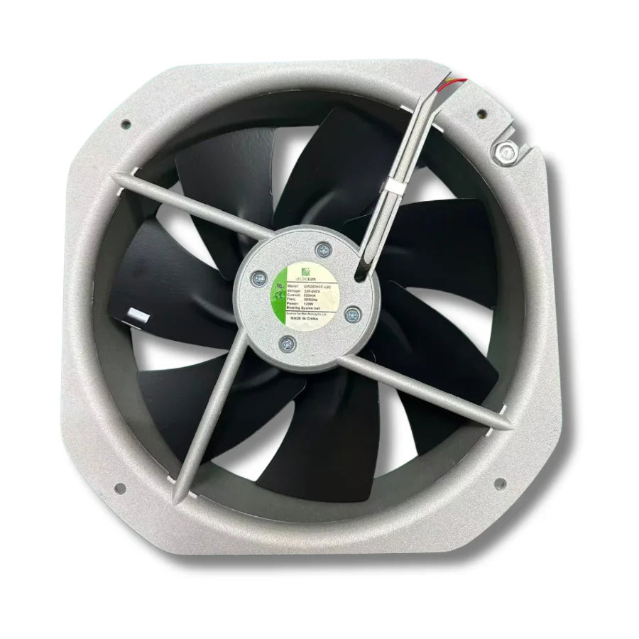 GW280H2C-L02 220V AC industrial cooling fan, die-cast aluminium frame with metal blades, front view.