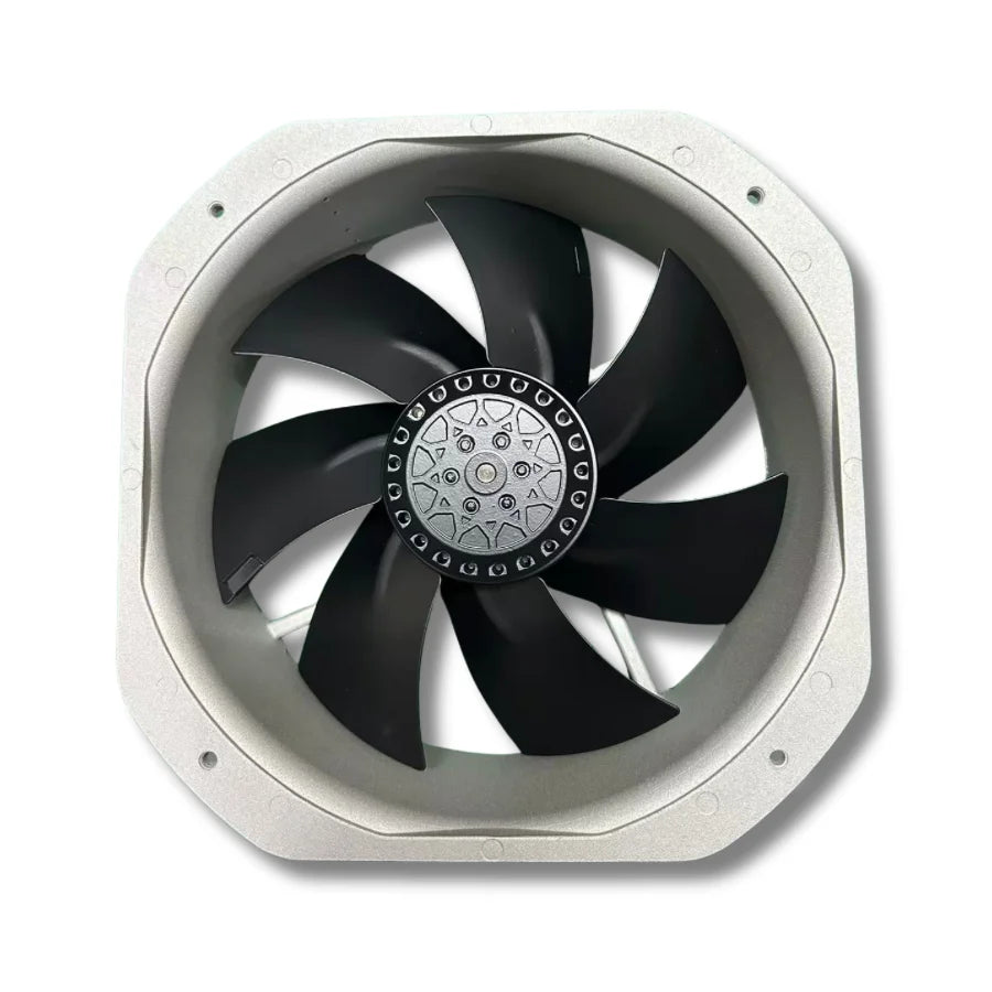 Rear view of GW280H2C-L02 industrial AC fan showing die-cast aluminium frame, metal blade.