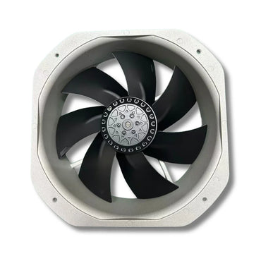 Rear view of GW280H2C-L02 industrial AC fan showing die-cast aluminium frame, metal blade.