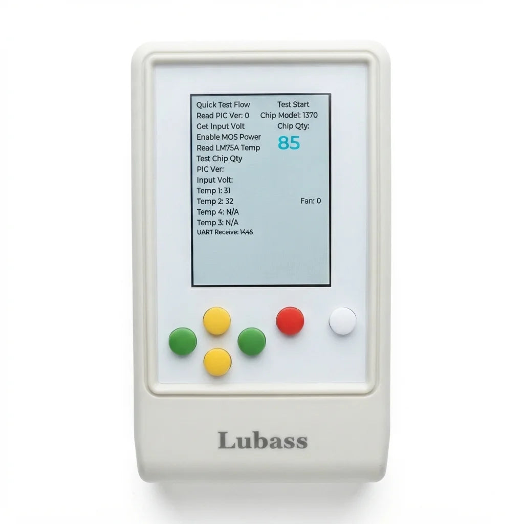 LUBASS K1 multi-function ASIC hashboard tester front view showing display, buttons and test-cable connectors for Antminer / Whatsminer.