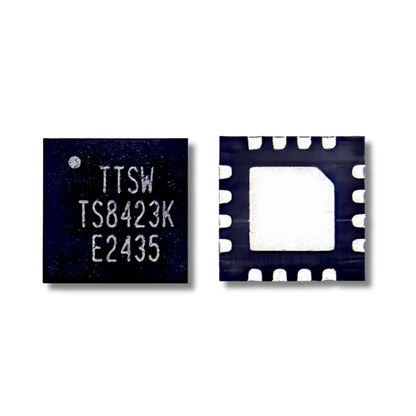 TS8423K symmetric reflective SPDT RF switch IC in 16-QFN 3×3 mm package, top view showing markings.