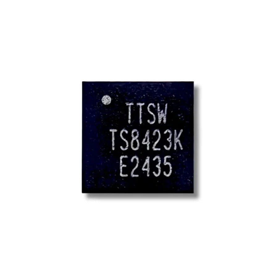 TS8423K 16-QFN 3×3 mm package close-up with 50 Ω pin arrangement for broadband RF signal switching.