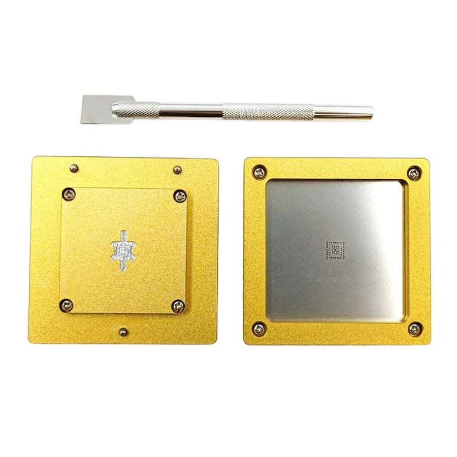 Whatsminer KF1980E chip tin reballing tool kit hero shot with laser stencil, magnetic aluminium base and stainless steel solder scraper.