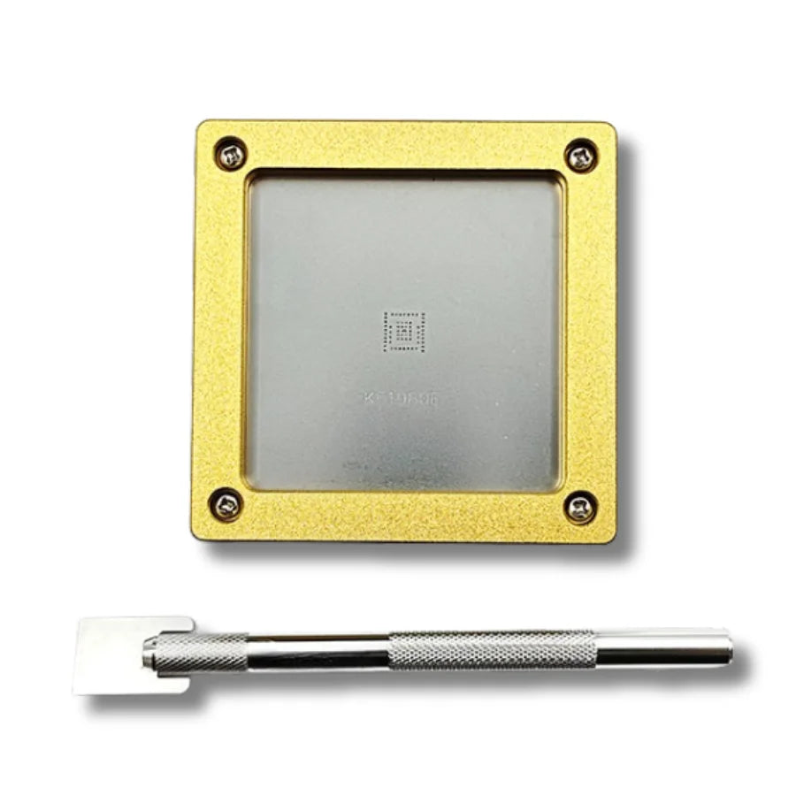 KF1980E tin tool kit in operation, stainless scraper depositing solder paste through the stencil onto a Whatsminer M60 ASIC chip.