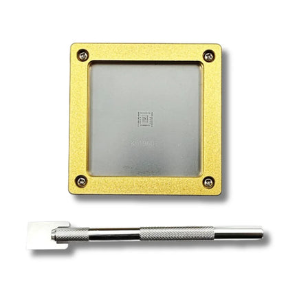 KF1980E tin tool kit in operation, stainless scraper depositing solder paste through the stencil onto a Whatsminer M60 ASIC chip.