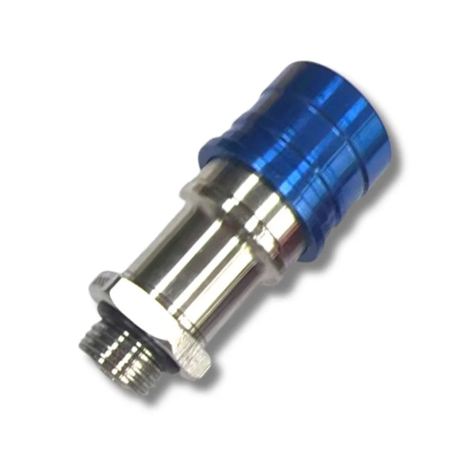 Whatsminer M64 Hydro quick connector in precision-machined stainless steel with anodised aluminium push-button cap, front view.